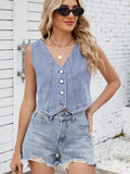 V-Neck Button Down Denim Vest - Hovatok