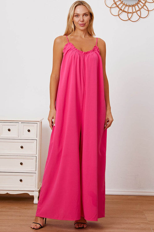 Double Take Full Size Ruffle Trim Tie Back Cami Jumpsuit with Pockets - Hovatok