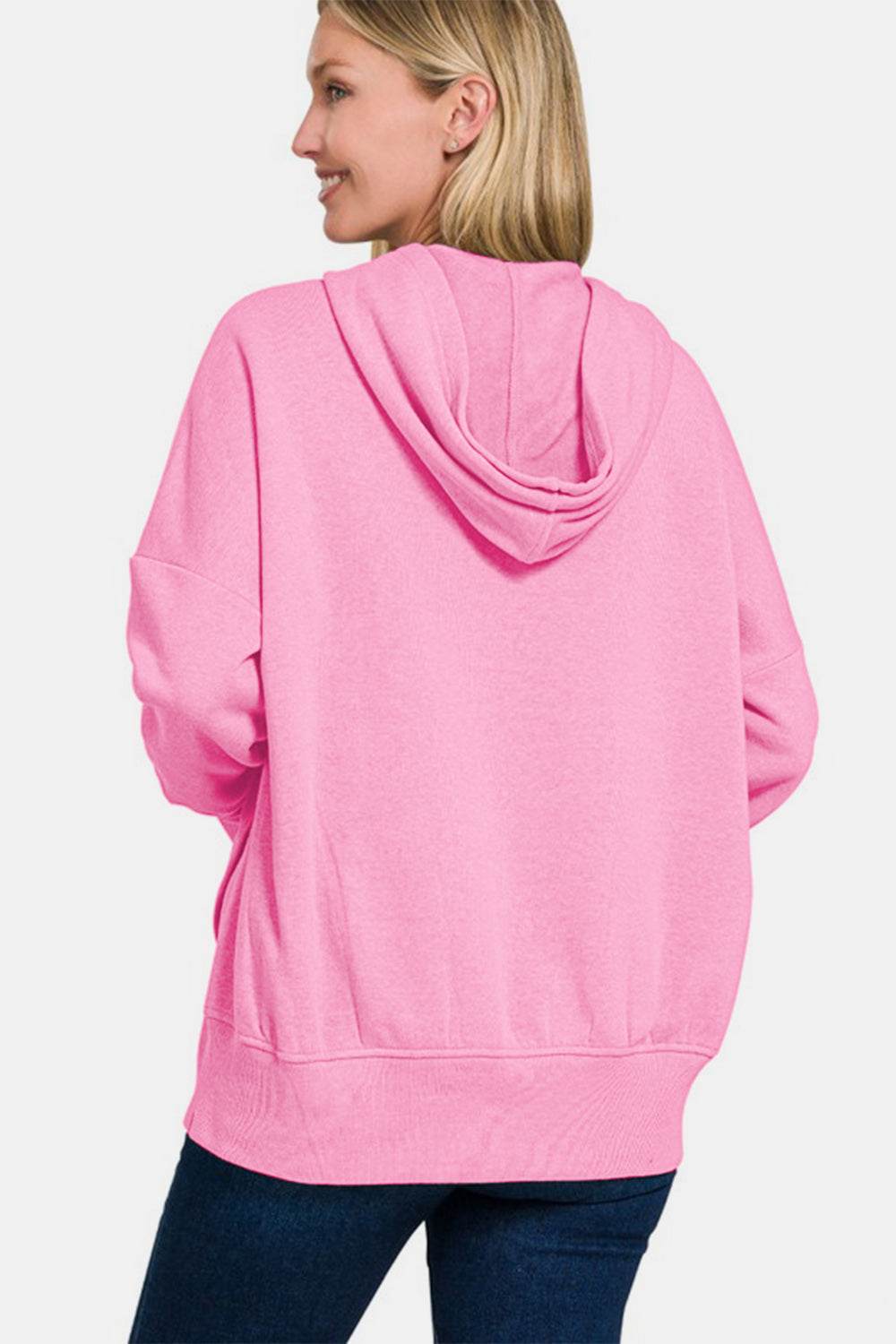 Zenana Half Snap Long Sleeve Hoodie with Kangaroo Pocket - Hovatok