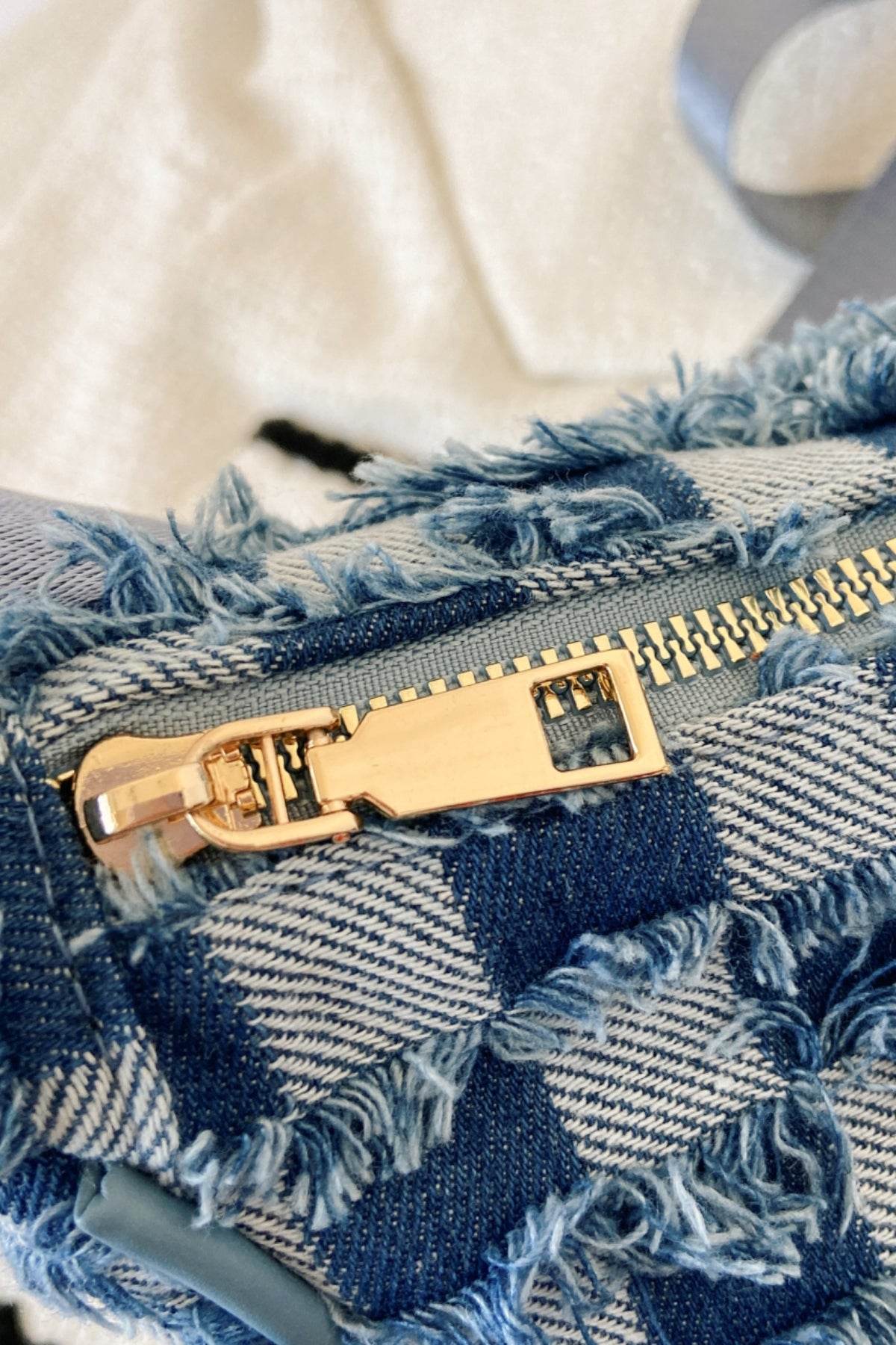 Raw Hem Checkered Denim Crossbody Bag - Hovatok