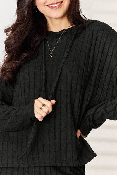 Basic Bae Full Size Ribbed Drawstring Hooded Top and Straight Pants Set - Hovatok