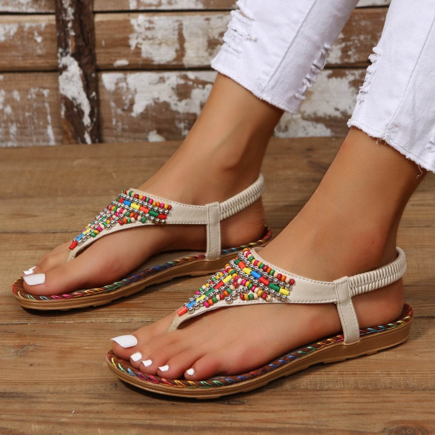 Beaded PU Leather Open Toe Sandals - Hovatok