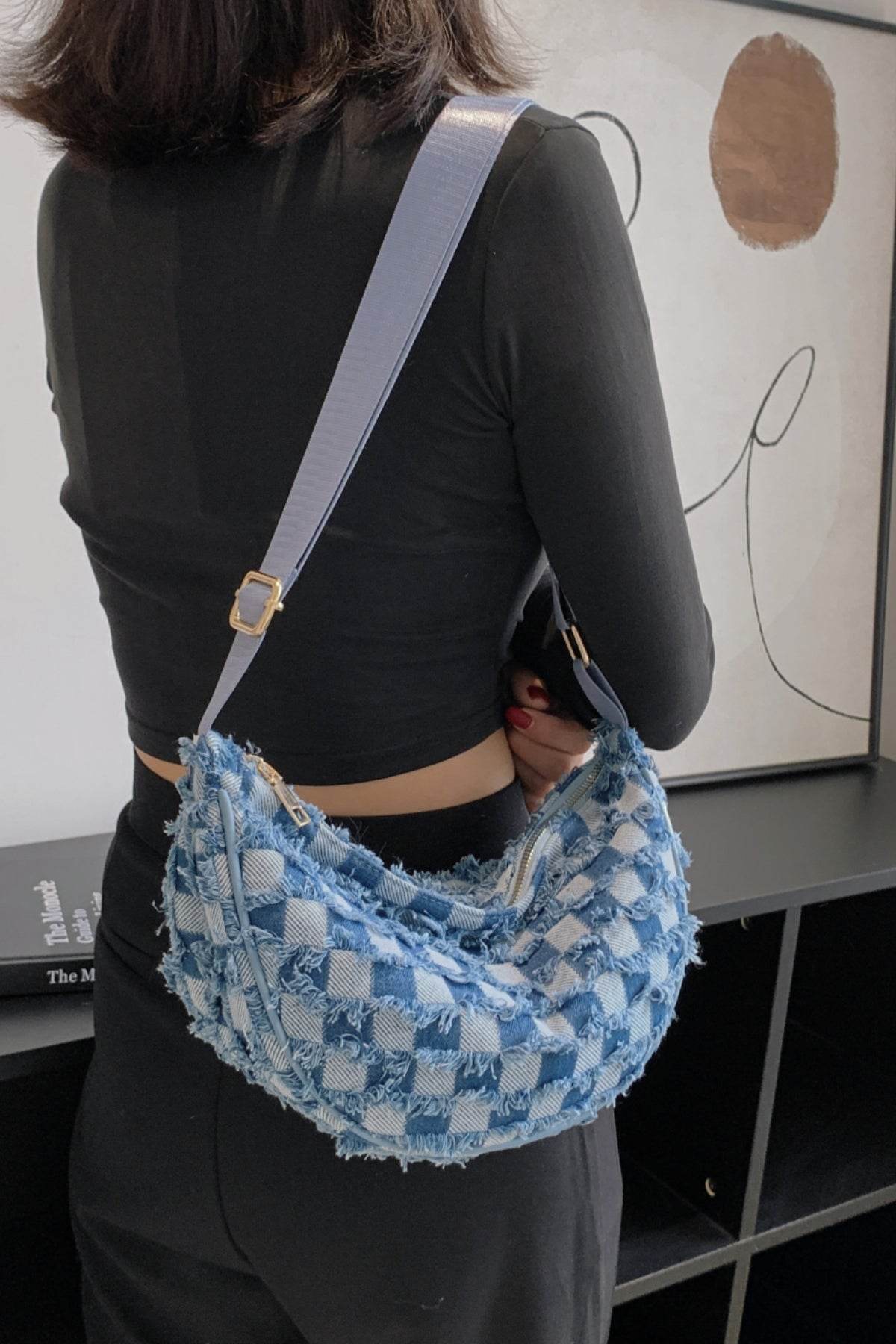 Raw Hem Checkered Denim Crossbody Bag - Hovatok