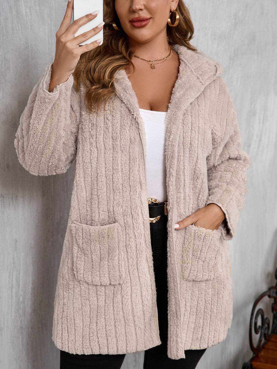 Plus Size Open Front Long Sleeve Hooded Fuzzy Jacket - Hovatok