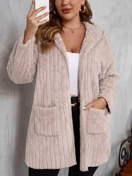 Plus Size Open Front Long Sleeve Hooded Fuzzy Jacket - Hovatok