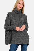 Zenana Full Size Brushed Melange Hacci Turtleneck Sweater - Hovatok