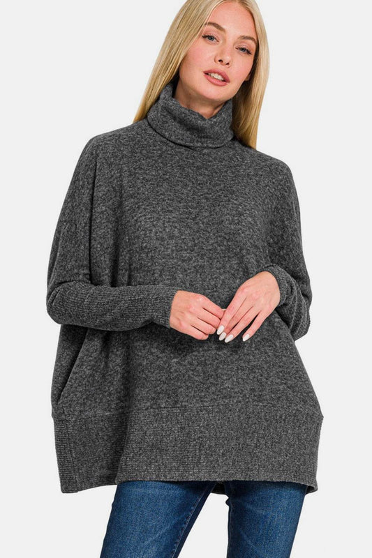 Zenana Full Size Brushed Melange Hacci Turtleneck Sweater - Hovatok