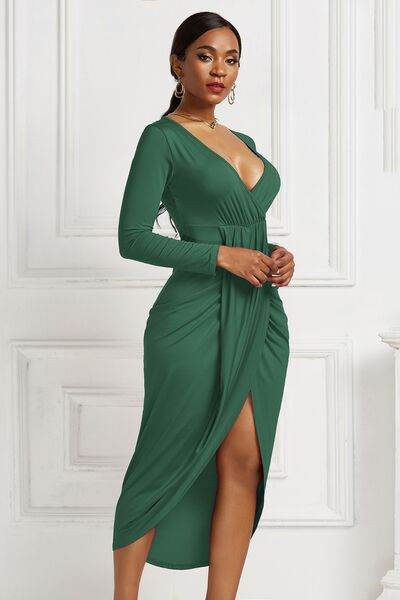 High-low Ruched Surplice Long Sleeve Dress - Hovatok