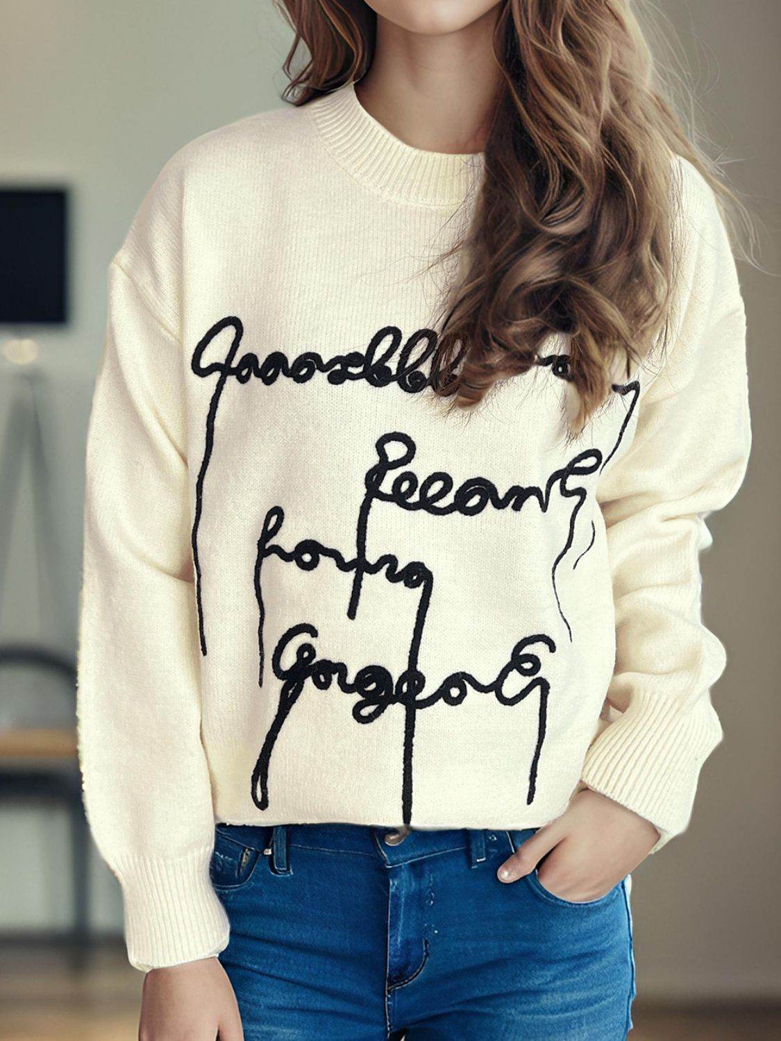 Letter Contrast Round Neck Dropped Shoulder Sweater - Hovatok