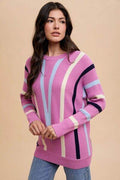 Annie Wear Chevron Stripe Round Neck Ribbed Sweater - Hovatok