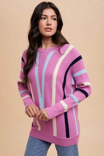 Annie Wear Chevron Stripe Round Neck Ribbed Sweater - Hovatok