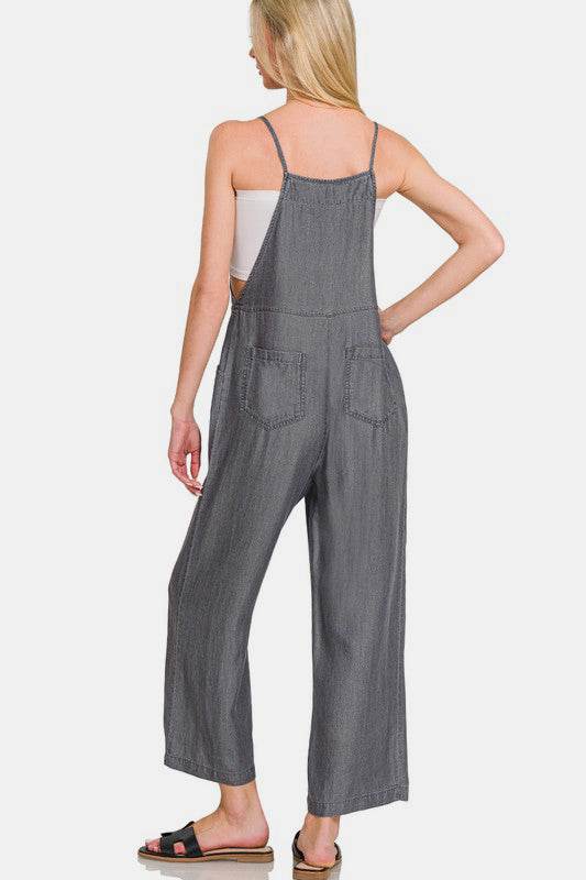 Zenana Washed Adjustable Strap Wide Leg Denim Overalls - Hovatok