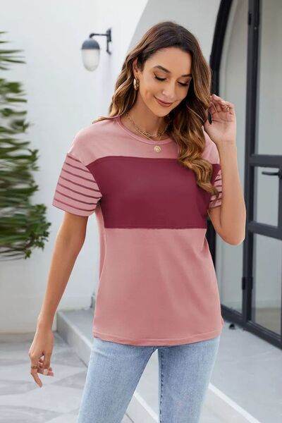 Color Block Round Neck Short Sleeve T-Shirt - Hovatok