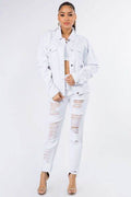 American Bazi Graphic Distressed Long Sleeve Denim Jacket - Hovatok