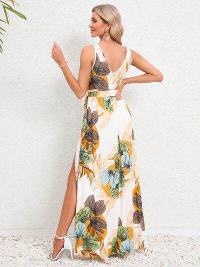Slit Tied Printed Surplice Dress - Hovatok