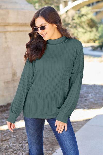 Basic Bae Full Size Ribbed Exposed Seam Mock Neck Knit Top - Hovatok
