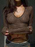 Devine V-Neck Long Sleeve Eyelet T-Shirt - Hovatok
