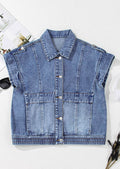Button Up Cap Sleeve Denim Jacket - Hovatok