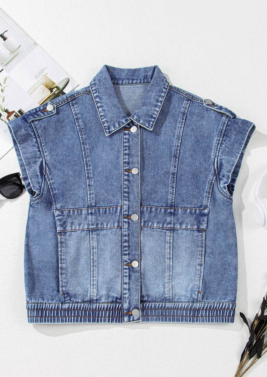 Button Up Cap Sleeve Denim Jacket - Hovatok