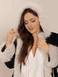 Plus Size Fuzzy Trim Open Front Long Sleeve Hooded Coat - Hovatok