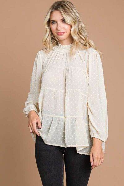 Culture Code Full Size Swiss Dot Smocked Mock Neck Blouse - Hovatok