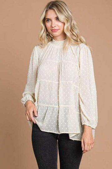 Culture Code Full Size Swiss Dot Smocked Mock Neck Blouse - Hovatok