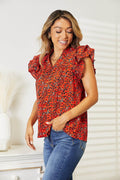 Double Take Floral Flutter Sleeve Notched Neck Blouse - Hovatok