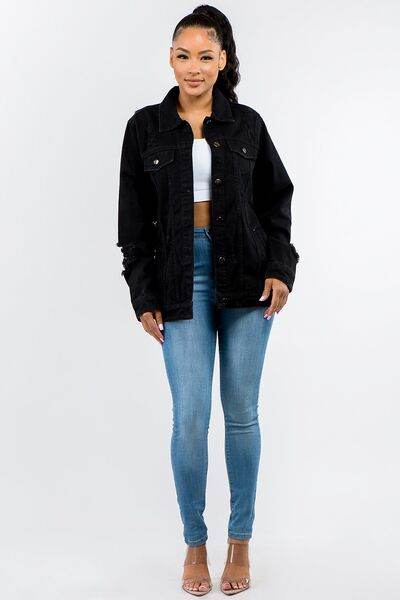 American Bazi Full Size Button Up Distressed Denim Jacket - Hovatok