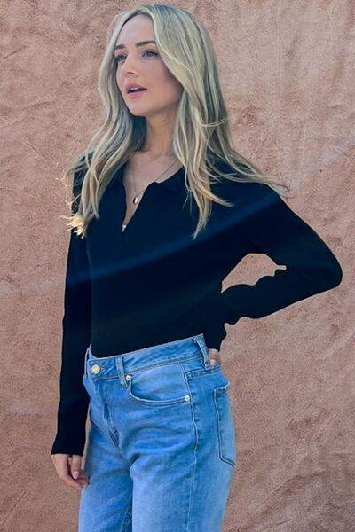 And The Why Full Size Johnny Collar Long Sleeve Ribbed Bodysuit - Hovatok