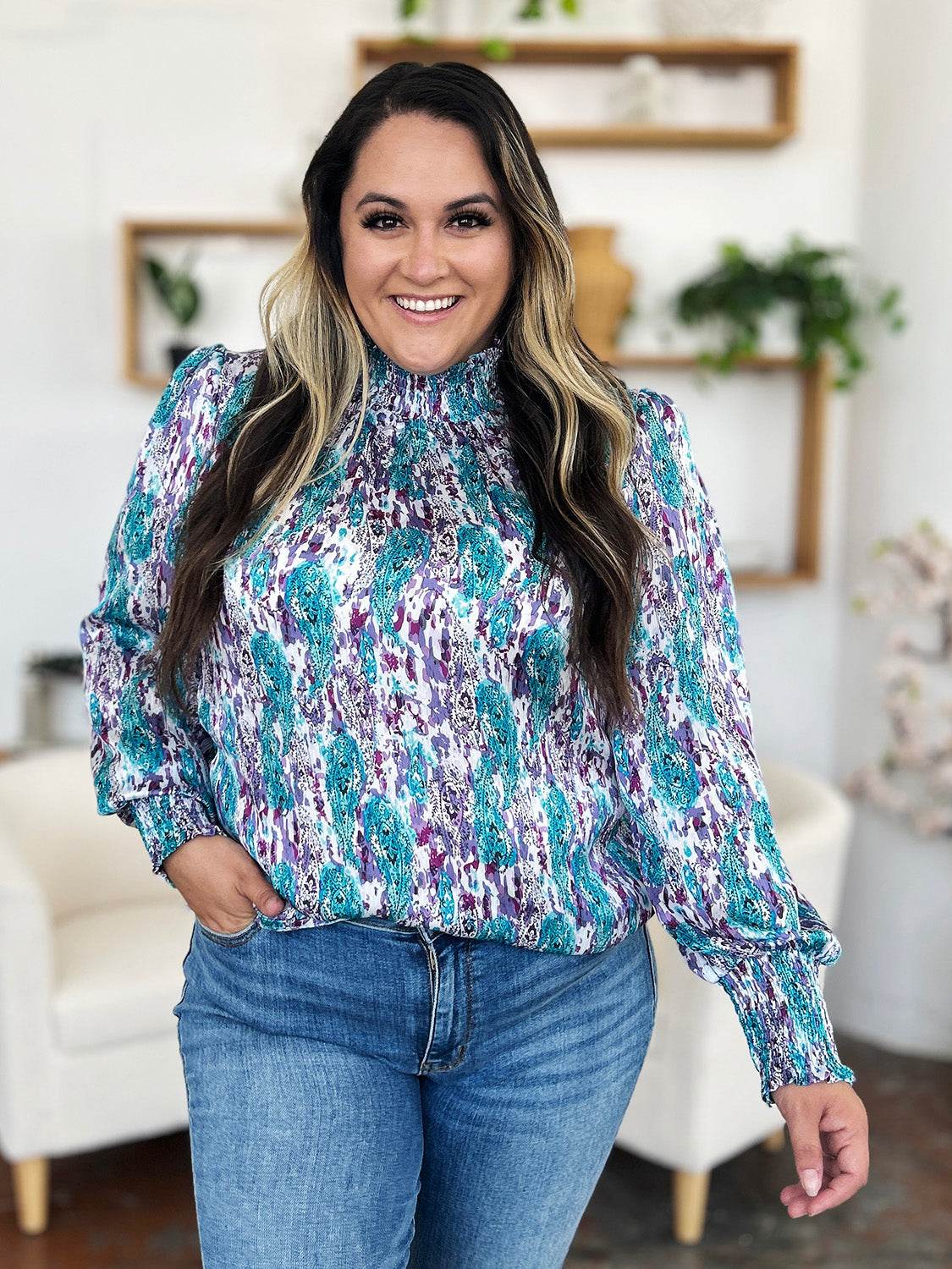 Double Take Full Size Printed Smocked Long Sleeve Blouse - Hovatok