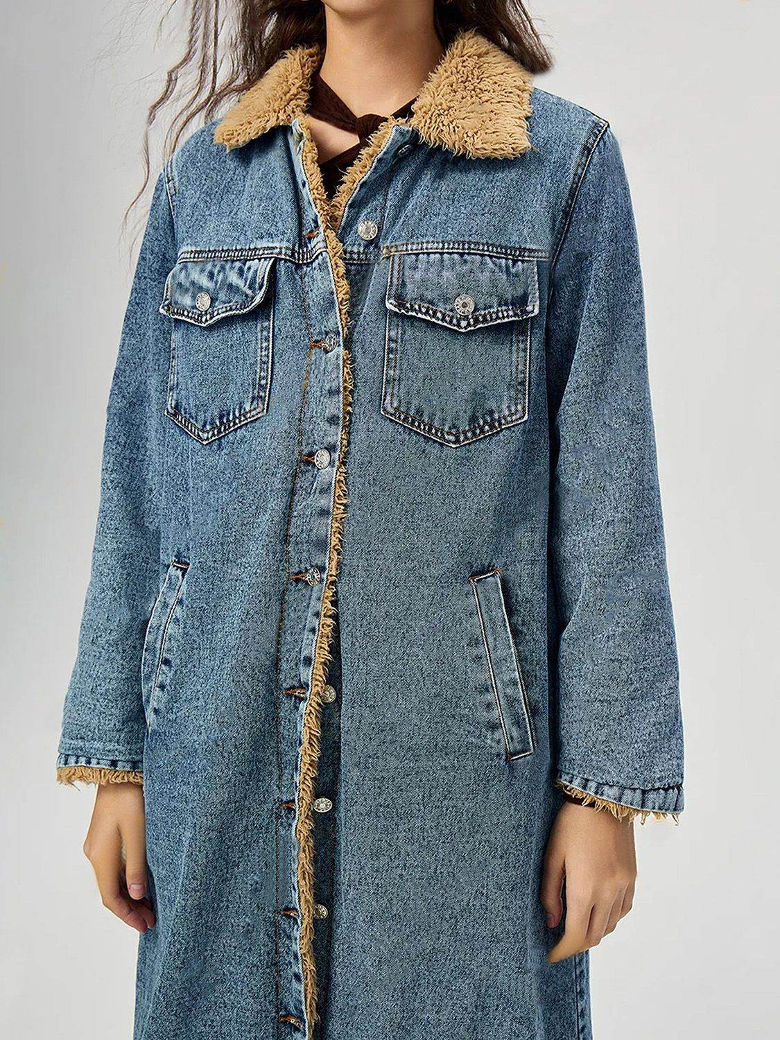 Pocketed Button Up Denim Jacket with Fur Lining - Hovatok