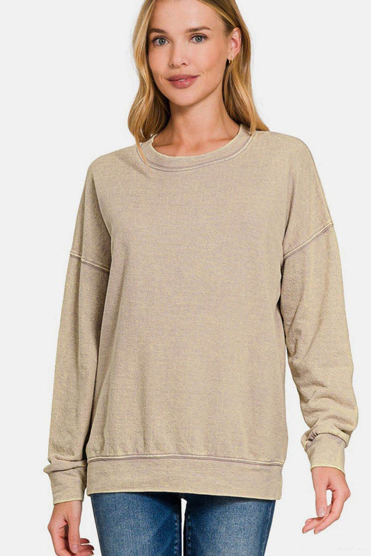 Zenana Washed Round Neck Dropped Shoulder Sweatshirt - Hovatok