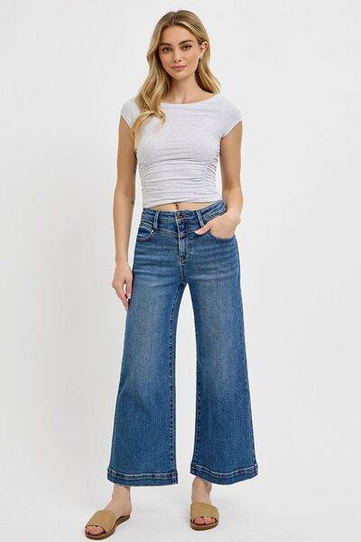 RISEN Full Size High Rise Crop Wide Leg Front Yoke Detail Jeans Plus Size - Hovatok