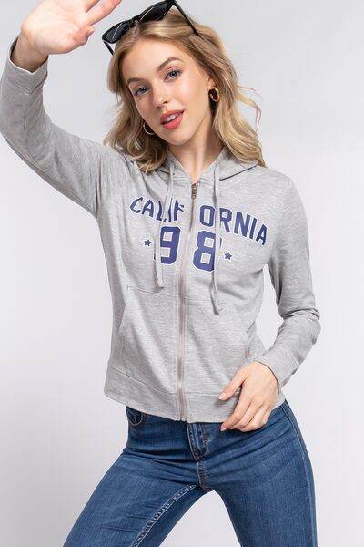 ACTIVE BASIC CALIFORNIA Zip Up Drawstring Long Sleeve Hoodie - Hovatok