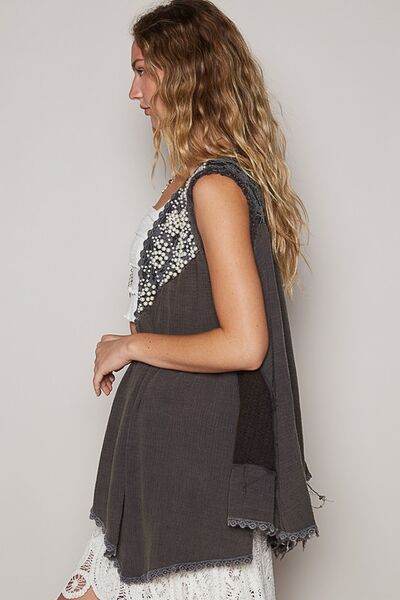 POL Embroidered Pearls Open Front Sleeveless Cardigan - Hovatok