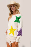 Double Take Sequin Star Round Neck Dropped Shoulder Sweater - Hovatok