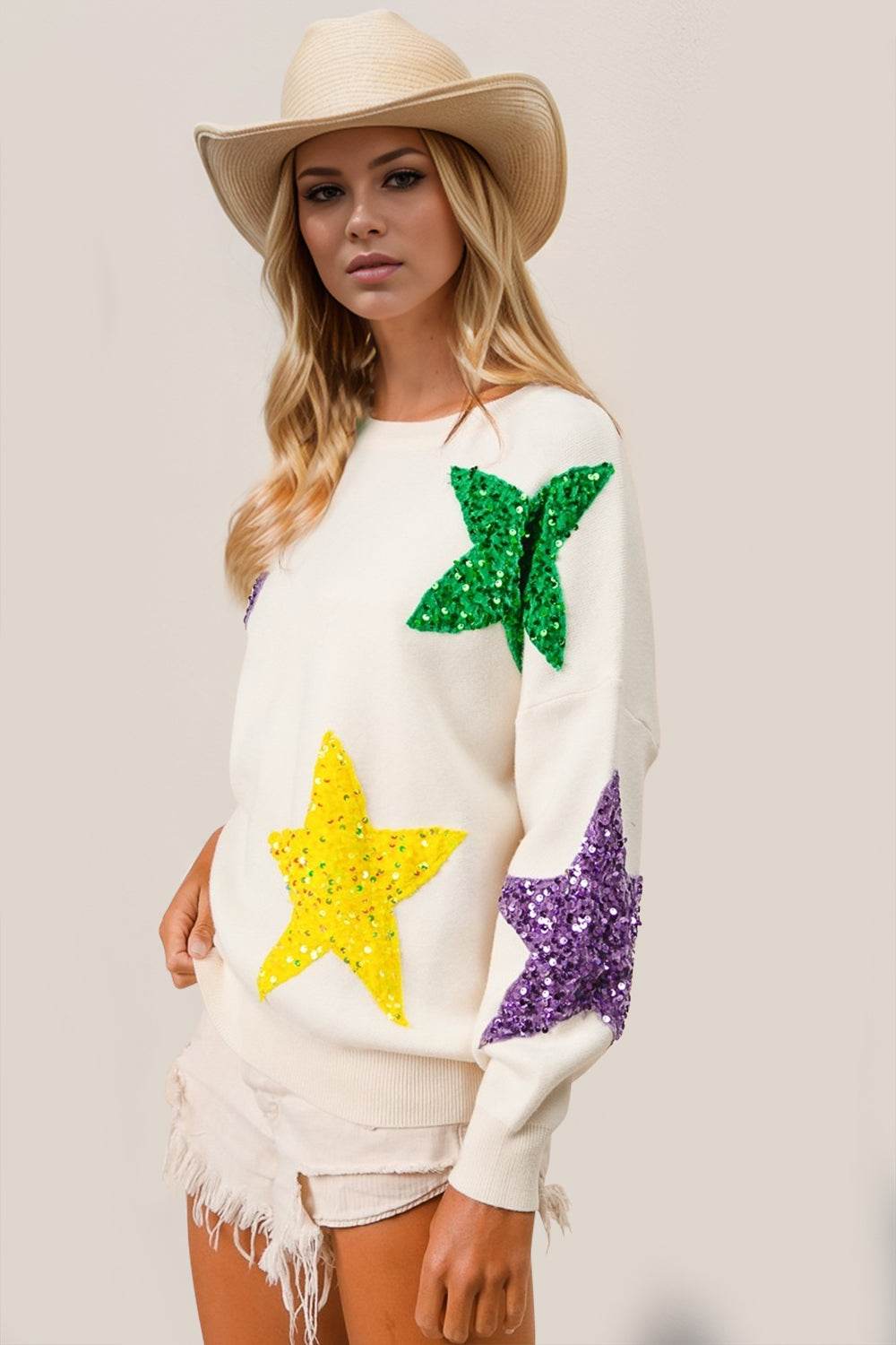 Double Take Sequin Star Round Neck Dropped Shoulder Sweater - Hovatok