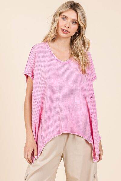 Mittoshop Mineral Wash Waffle Knit Pointed Hem Oversized Top - Hovatok
