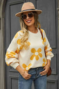 Angel Wings Floral Print Round Neck Dropped Shoulder Pullover Sweater - Hovatok