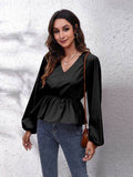 V-Neck Balloon Sleeve Peplum Blouse - Hovatok