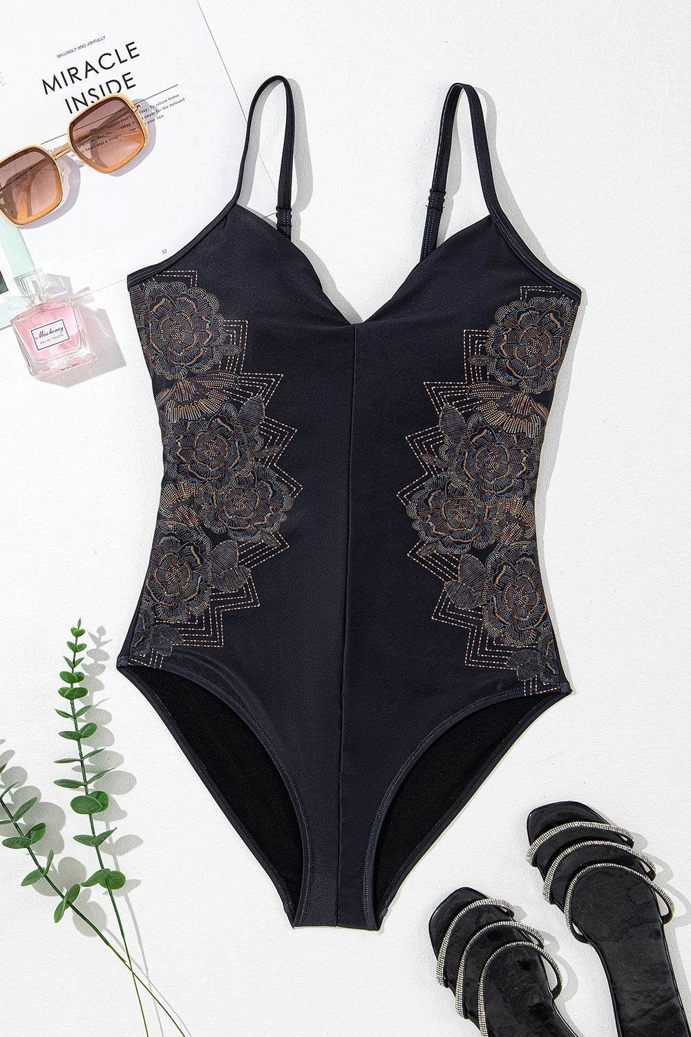 Embroidered V-Neck One-Piece Swimwear - Hovatok