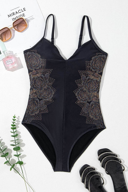 Embroidered V-Neck One-Piece Swimwear - Hovatok