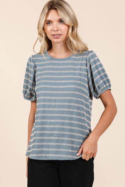 Mittoshop Contrast Striped Short Puff Sleeve Knit Top - Hovatok