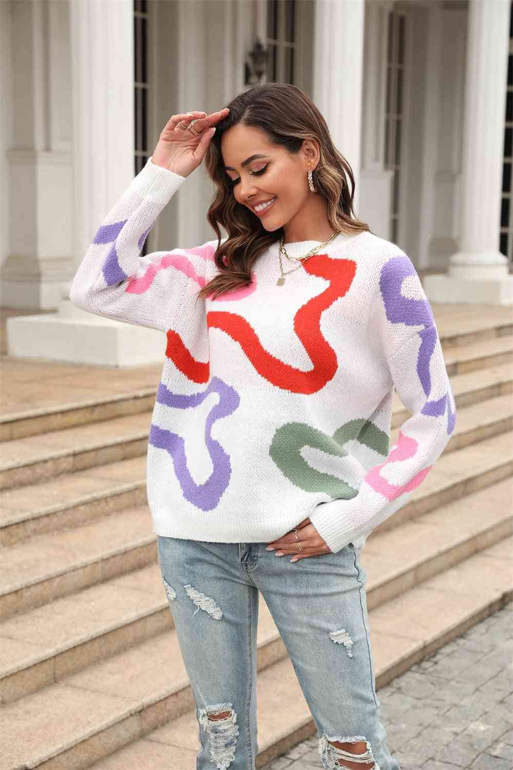 Angel Wings Printed Round Neck Dropped Shoulder Pullover Sweater - Hovatok
