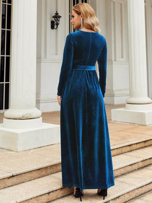 Tie Front Round Neck Long Sleeve Maxi Dress - Hovatok