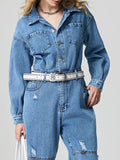 Distressed Button Down Drop Shoulder Denim Jumpsuit - Hovatok
