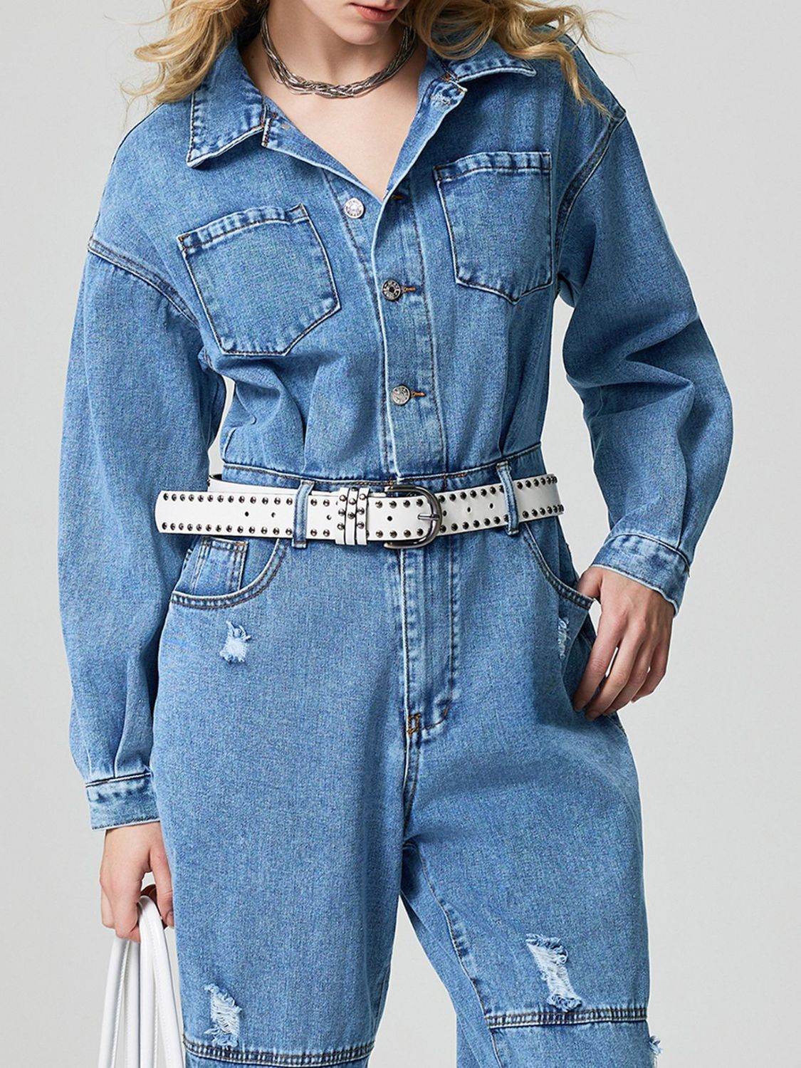 Distressed Button Down Drop Shoulder Denim Jumpsuit - Hovatok