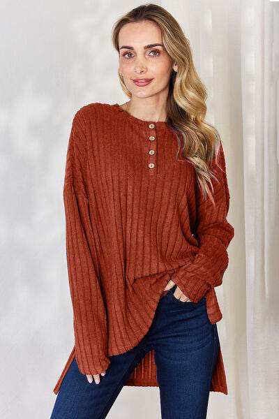 Basic Bae Full Size Ribbed Half Button Long Sleeve High-Low T-Shirt - Hovatok