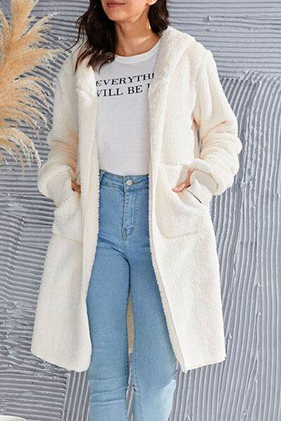 Double Take Full Size Hooded Teddy Bear Jacket with Thumbholes - Hovatok