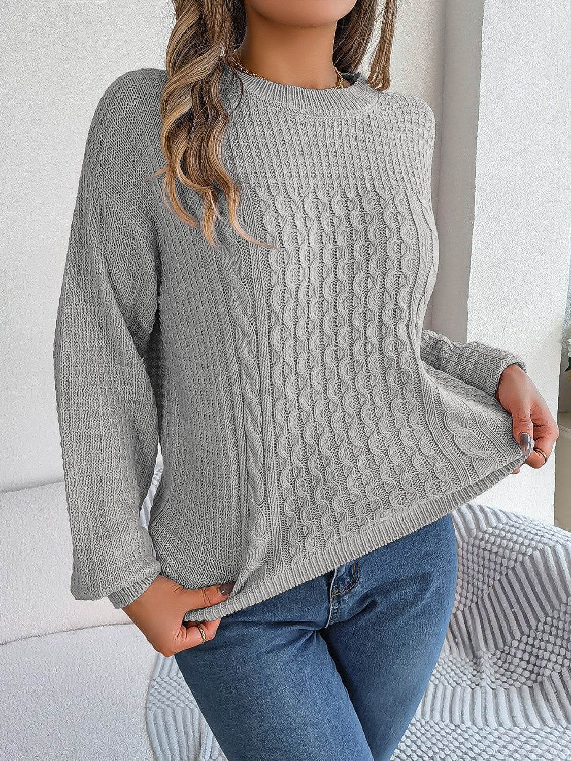 Cable-Knit Round Neck Long Sleeve Sweater - Hovatok